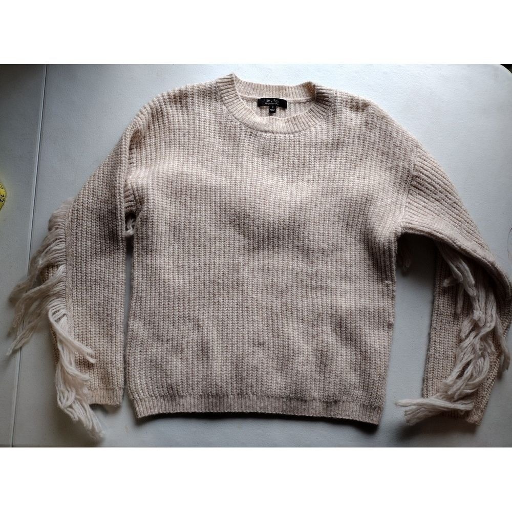Witty Fox Women's Fringe Sleeve Knit Sweater Beige Pullover Bohemian Medium